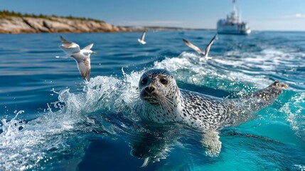 Playful Seal Swimming in Clear Blue Water Surrounded by Seagulls and Scenic Coastal Landscape