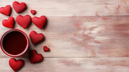 A cup of tea surrounded by red hearts on a wooden table
