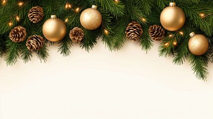 Fototapeta premium a christmas tree branch with gold ornaments and pine cones