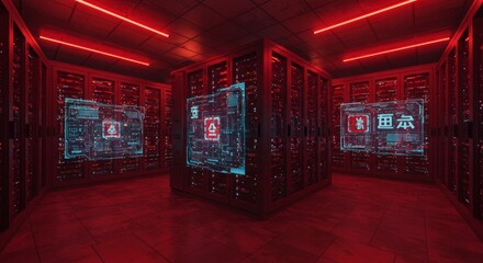 High Tech Futuristic Server Room with Red and Blue Neon Cyberpunk Lighting