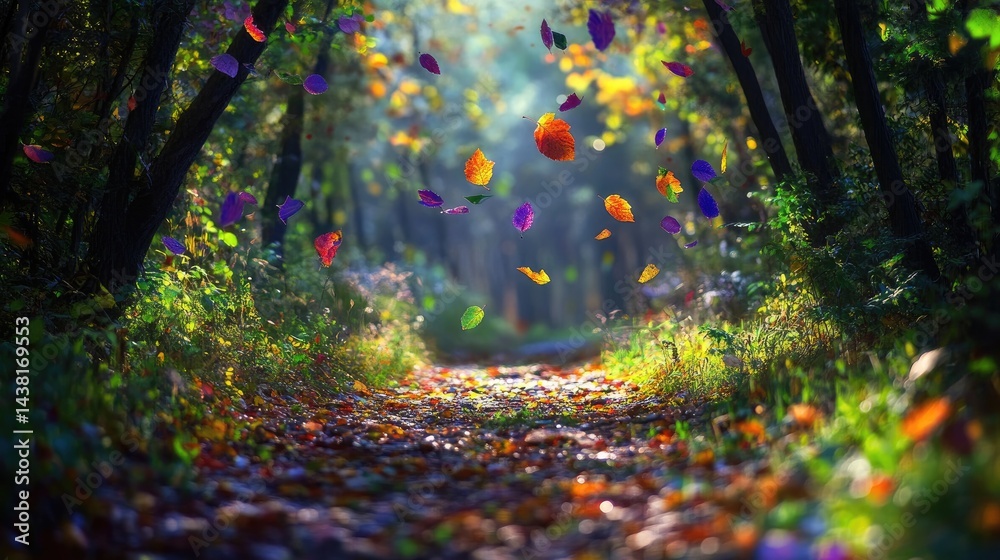 Aufkleber forest path with vibrant leaves drifting from trees, glowing softly