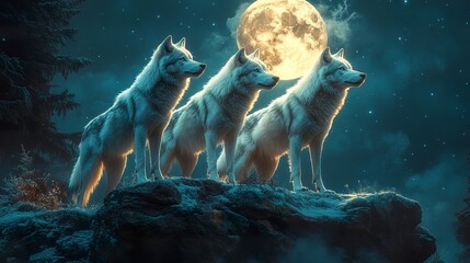 Three Wolves Moonlit Cliff Captured
