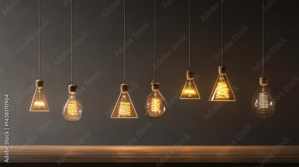 Poster Hanging light bulbs casting glow with overlapping triangle design