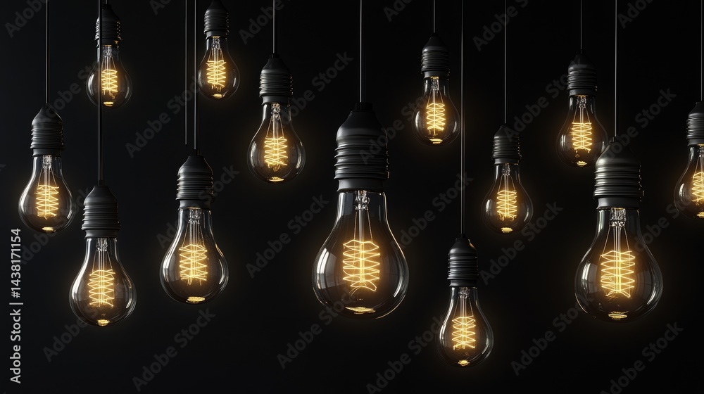 Poster Illuminated bulbs in symmetrical triangle grid pattern glowing in darkness