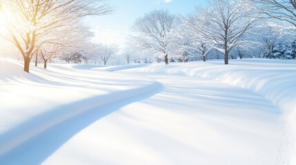 Obraz premium A snow covered field with trees in the background