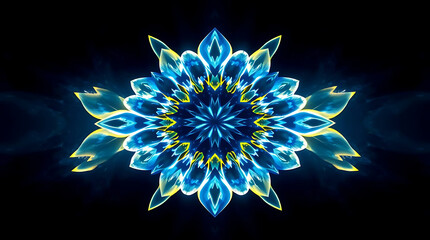 a mesmerizing kaleidoscope of Bluebells flower petals arranged in fractal symmetry, glowing softly against a deep indigo void, subtle prism refractions, created b y generative ai