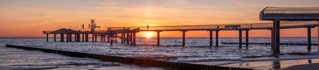 Obraz premium Seebrücke Koserow, Insel Usedom, Deutschland, im sanften Licht eines April-Sonnenaufgangs. Weitwinkelpanorama über ruhiges Meer, Symbol für Freiheit, Besinnung und Lebensweg.