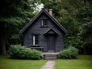 Obraz premium Small dark grey forest cabin with steep pitched roof surrounded by rich greenery and shadowy trees suggesting solitude and traditional natural home living in secluded environment
