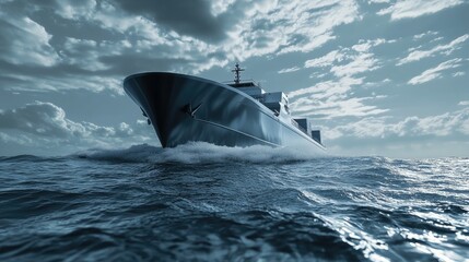 Fototapeta premium This image showcases a cutting-edge, high-tech boat designed for maritime exploration. The vessel is equipped with advanced technology, including robotic systems and innovative design elements that
