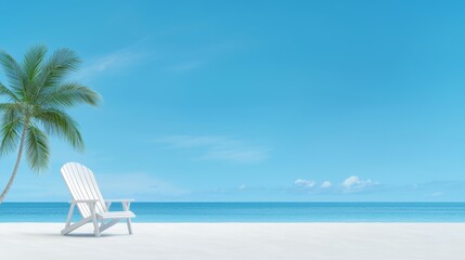 Tranquil beach escape white chair under coconut tree on sandy shore