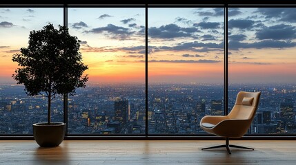A chair sitting in front of a large window with a view of a city
