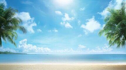 Exotic beach paradise coconut trees swaying under clear blue sky scenic