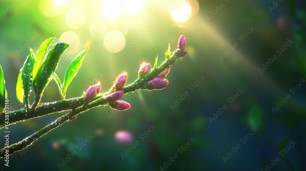 Poster natural scene of green twig with pink buds and glowing bokeh background