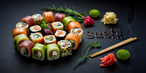 Top-down view of vibrant sushi rolls in a yin-yang arrangement, featuring colorful layers of salmon, cucumber, and vegetables against a black backdrop
