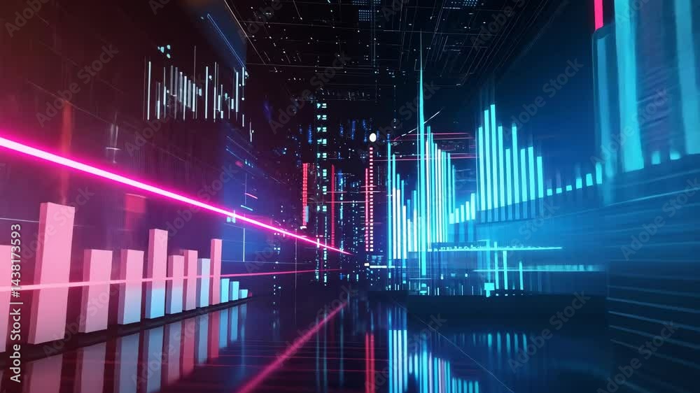 Poster dynamic digital financial data with futuristic graphs and glowing analysis in motion