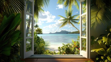 Open window framing a vibrant tropical island scene, inviting and relaxing