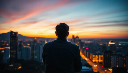Fototapeta premium Alone back view of person gazing at vibrant city skyline during sunset, colorful sky and urban lights create peaceful emotional atmosphere in this rooftop scene