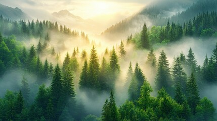 A foggy forest with trees in the foreground and mountains in the background
