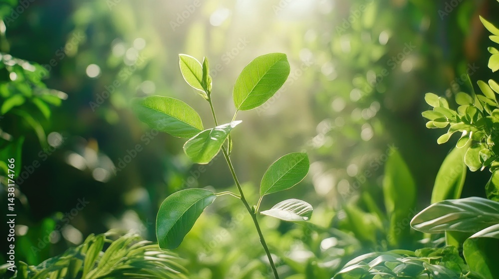 Poster peaceful botanical scene of budding branch set against out-of-focus greenery