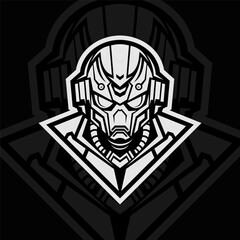 Robot head, mascot esport illustration logo design, black white