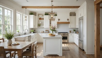 Bright and airy modern farmhouse kitchen featuring natural wood, white cabinets, and rustic touches that create a warm and welcoming cooking space.
