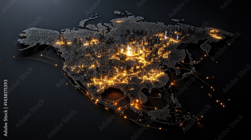 Poster Pixel-style country map with city lights and data nodes on a black screen