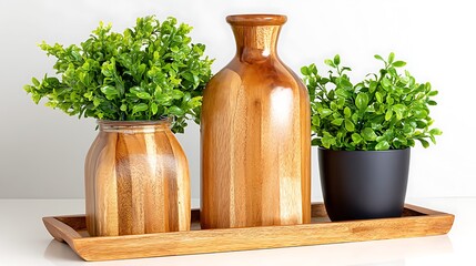 Decorative still life plants in wood and black vases on a wooden tray against a bright background
