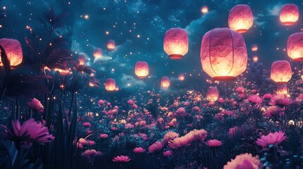 Magical night garden with lanterns