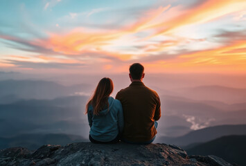 couple sits alone on rocky mountain peak with back view of vibrant sunset sky and distant valleys, creating peaceful and romantic atmosphere in nature.