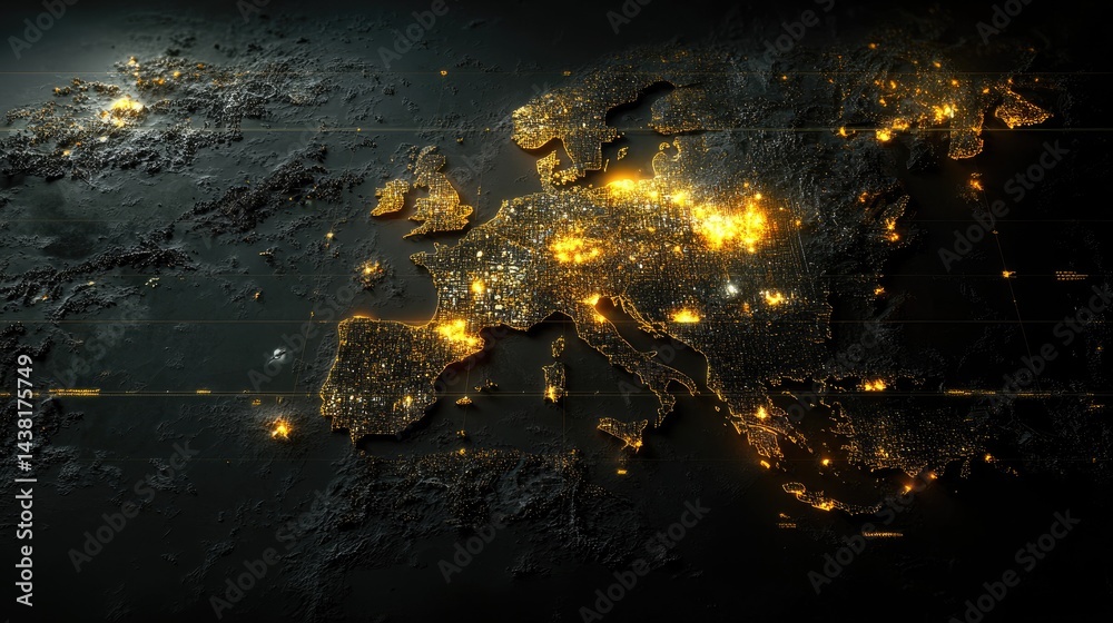 Poster Pixelated country map with highlighted cities and digital grid overlay on dark background