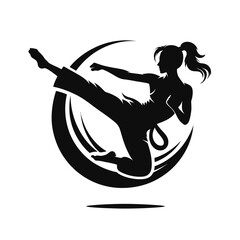Black silhouette of a woman doing karate kick on a white background
