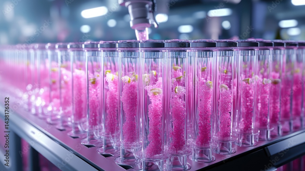 Poster precision lab setup with rows of pink-filled tubes, dramatic lighting
