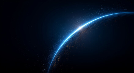Obraz premium Earth horizon glowing with blue light against deep space background, minimal futuristic design concept, ideal for space technology, innovation, and astronomy-themed projects