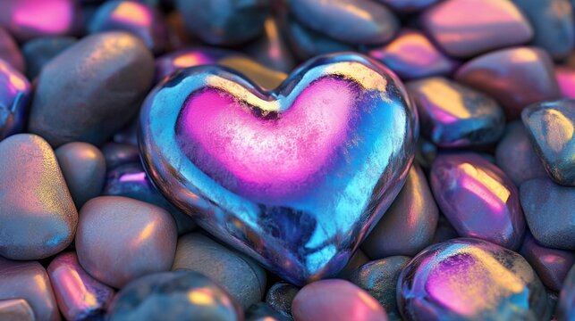 Colorful heart with a blend of pink, blue, and purple hues resting on multi-colored rocks or pebbles. The image has a shallow depth of field with the foreground in focus and the background gradually