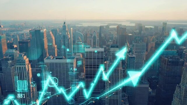 Futuristic nighttime city aerial view stock market datas, arrow skyscrapers neon green glowing bar line charts. Animated data tickers scroll across skyline, dynamic lens flares, smooth drone