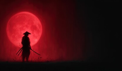 A man with a sword standing in front of a red moon
