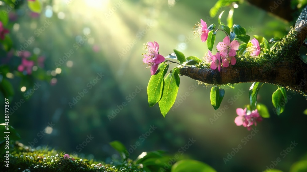 Poster Spring-themed image with pink blossoms emerging from leafy branch and soft background
