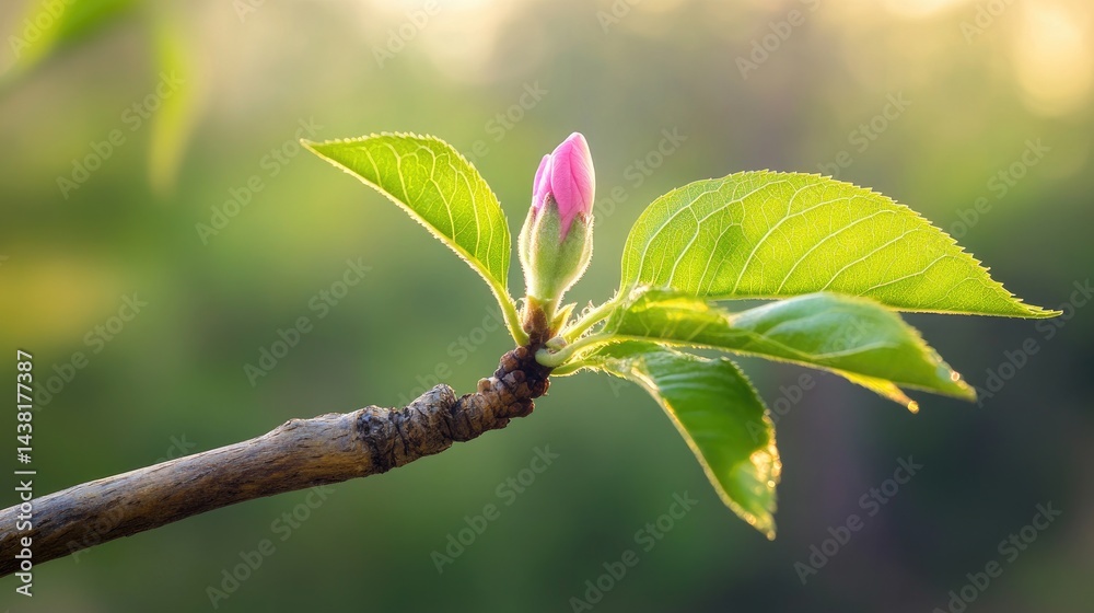 Poster Spring-themed image with pink blossoms emerging from leafy branch and soft background