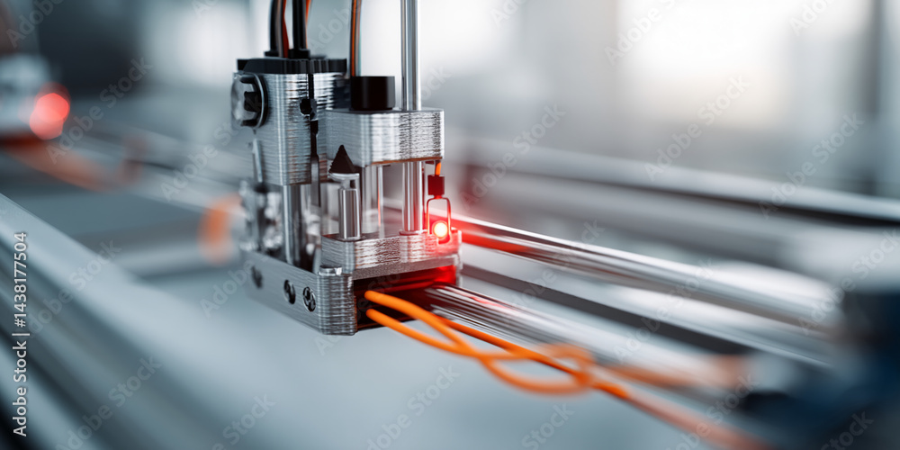 Poster close-up of a 3d printer nozzle, showcasing its metallic structure and orange filament it symbolizes