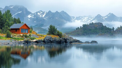 Naklejka premium A small cabin sits on the shore of a mountain lake