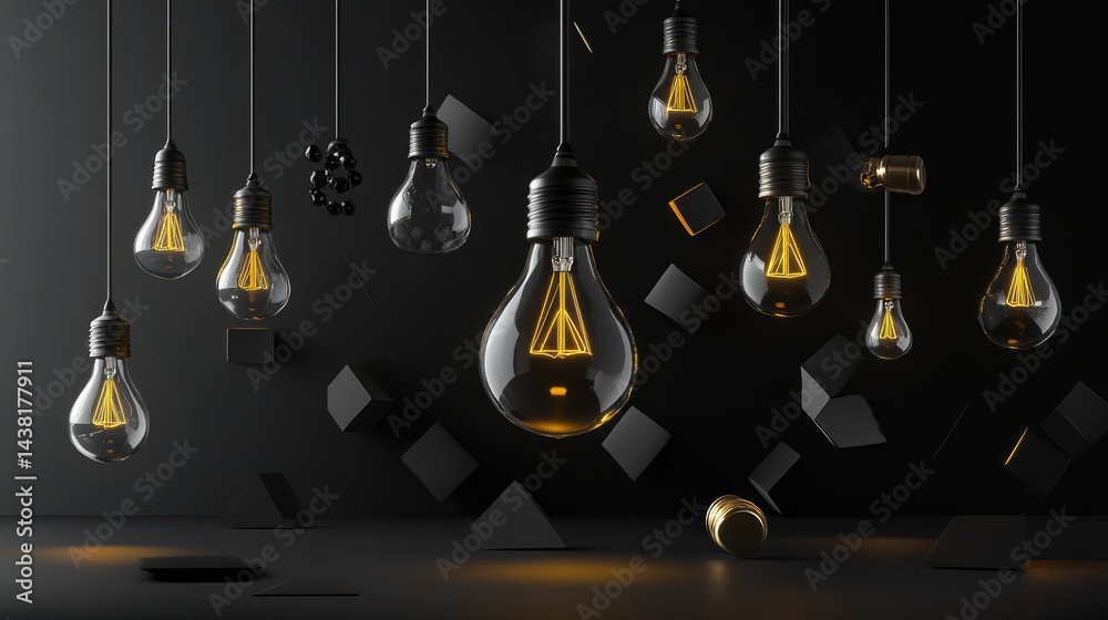 Poster stylish lighting setup with triangular reflections and glowing bulbs