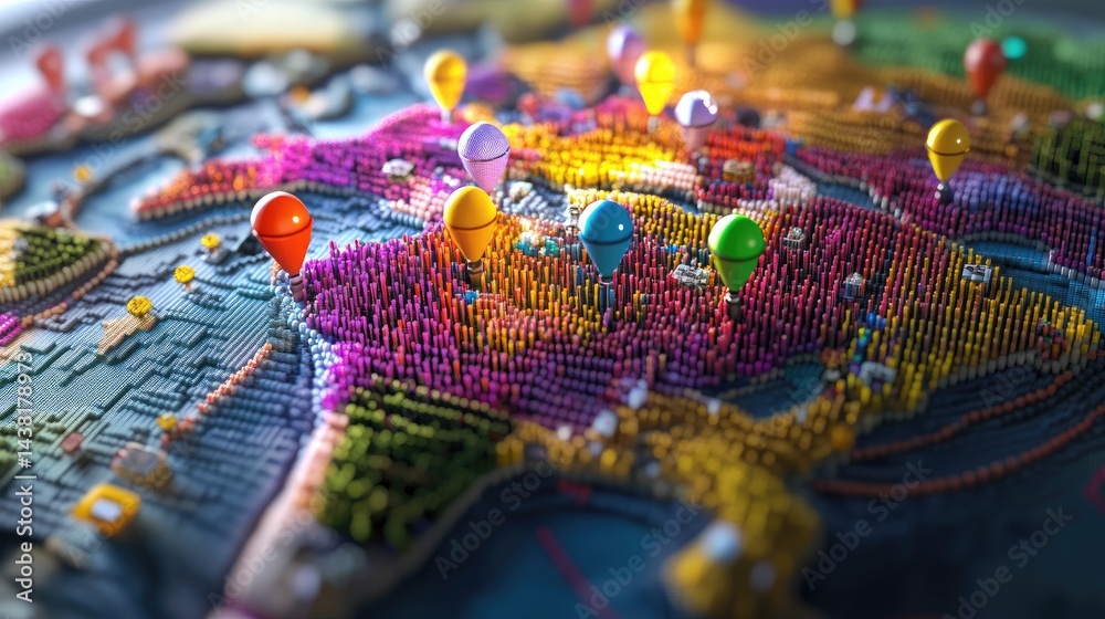 Poster zoomed-in city spots on a colorful pixelated country map with glowing markers