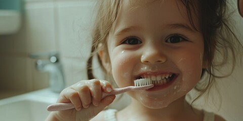 A heartwarming image featuring a young child with a joyful smile while brushing their teeth with a pink toothbrush, set against a bathroom backdrop.