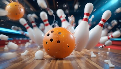 3D rendering of a bowling ball and skittles mid-motion, showcasing the dynamics and excitement of the classic game in a fun and digital representation.
