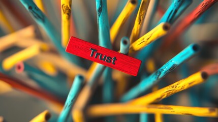 Abstract Representation of Trust: A Red Sign Amidst Vibrant, Intertwined Sticks