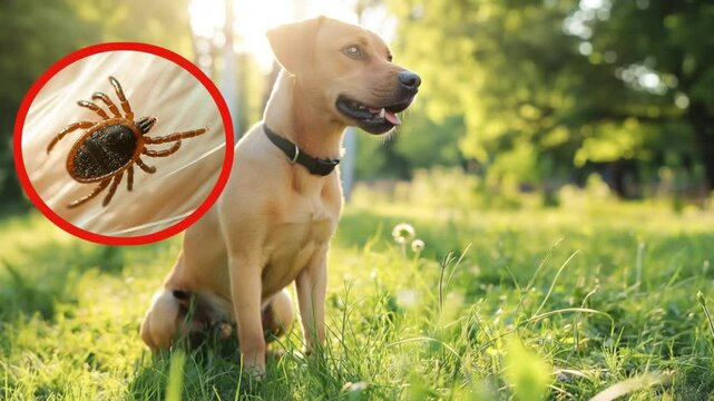 A beige Labrador on a walk in the spring park and a macro collage of a tick on the dog's fur. copy space. concept of danger and preventive treatment and treatment for ticks, fleas and parasites.