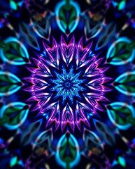 Fototapeta premium a mesmerizing kaleidoscope of Bluebells flower petals arranged in fractal symmetry, glowing softly against a deep indigo void, subtle prism refractions, created b y generative ai