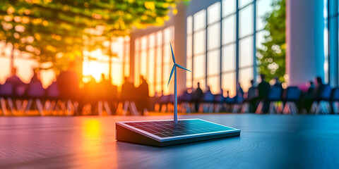 Local group hosts renewable energy investment forum city center event photography bright indoor environment close-up view