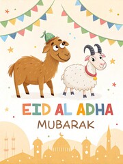 Naklejka premium Playful Eid Al-Adha Scene with Cartoon Goats, Balloons and Mosque Festivities