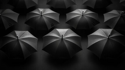 A group of black umbrellas with water droplets on them
